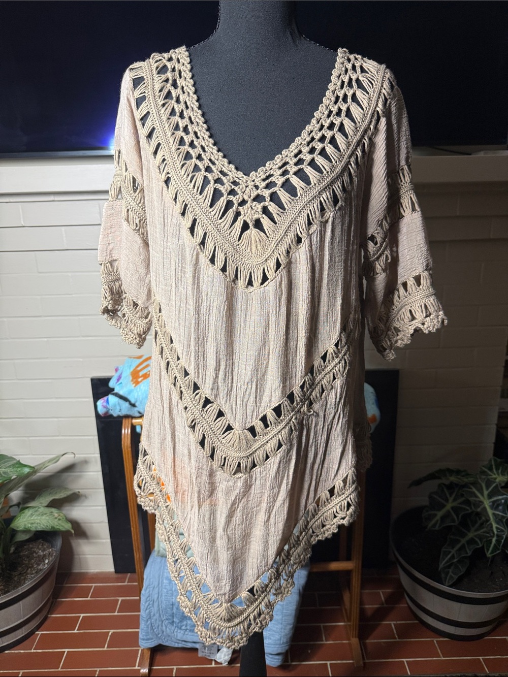 Dreamers Beige Crochet V-Neck Boho Tunic